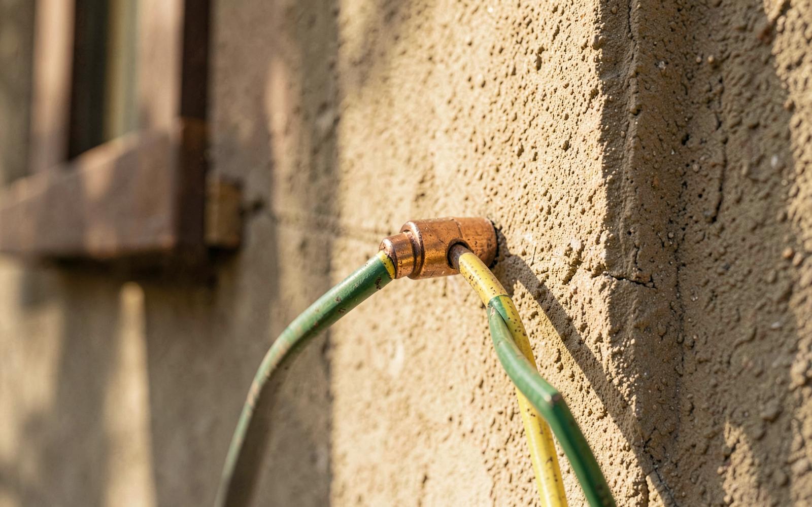 A copper earthing connection with green and yellow cables on a building exterior wall